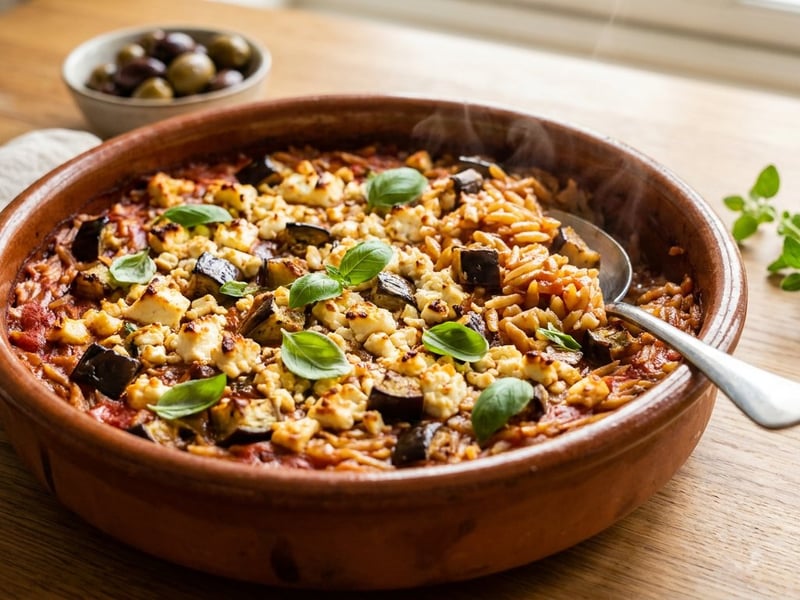 Mediterraner Auberginen-Orzo-Auflauf | Würziger Ofengenuss