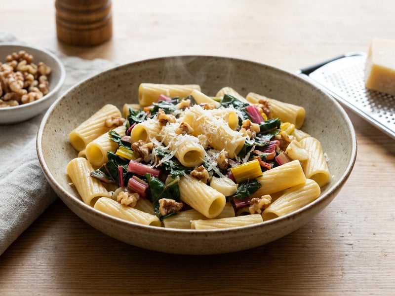 Rigatoni with Rainbow Swiss Chard & Walnuts | 20 min