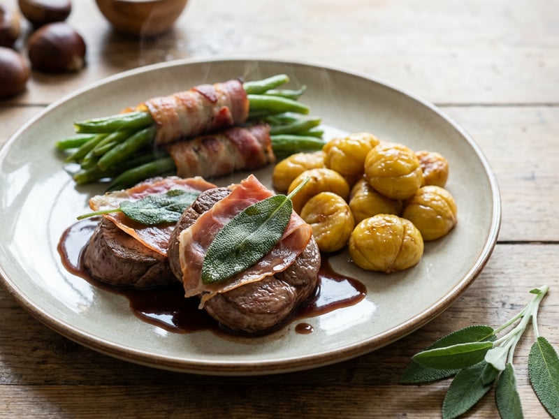 Saltimbocca of Venison Loin with Oven-Roasted Chestnuts and Bacon-Wrapped Green Beans