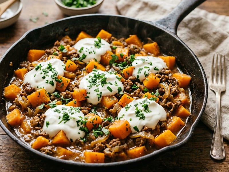 Pumpkin & Minced Meat Skillet with Sour Cream | Quick Autumn Delight
