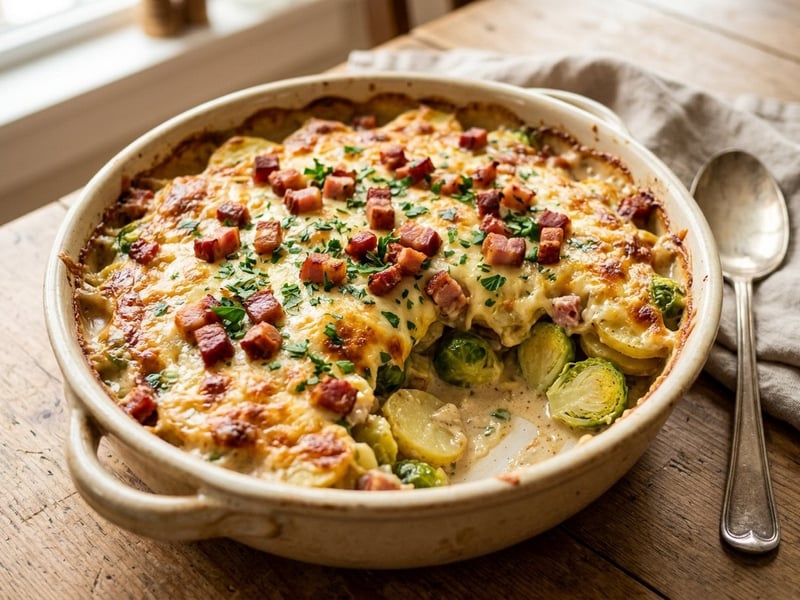 Kartoffel-Rosenkohl-Auflauf | Deftig überbacken
