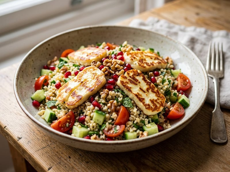 Turkish Lukewarm Bulgur Salad with Fried Hellim | Hellimli Ilık Bulgur Salatası