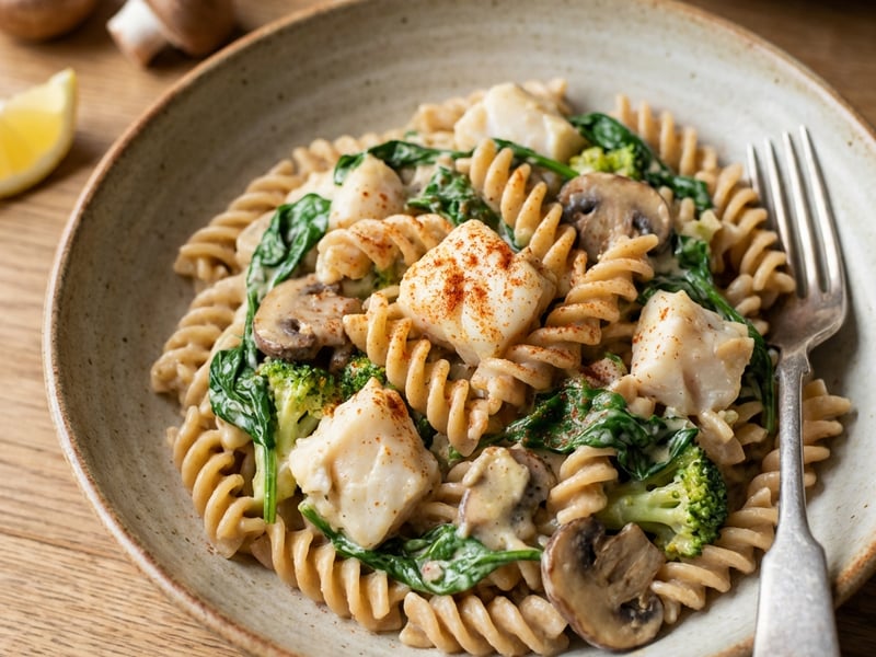 One-Pot-Pasta mit Kabeljau und Spinat