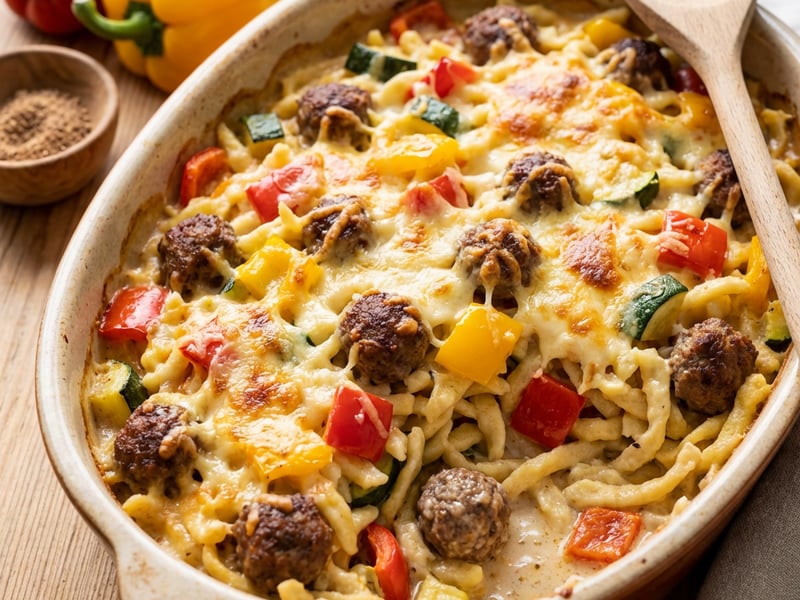 One-Blech-Spätzle mit Fleischbällchen