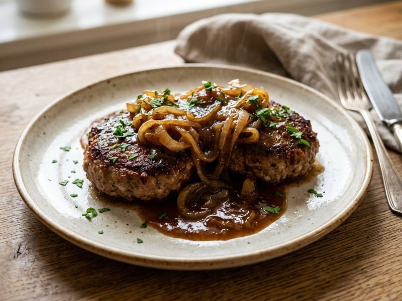 Deutsches Hacksteak mit geschmorten Zwiebeln | In 25 Minuten