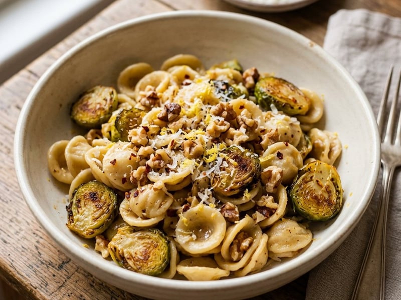 Orecchiette with Roasted Brussels Sprouts | Crispy & Spicy