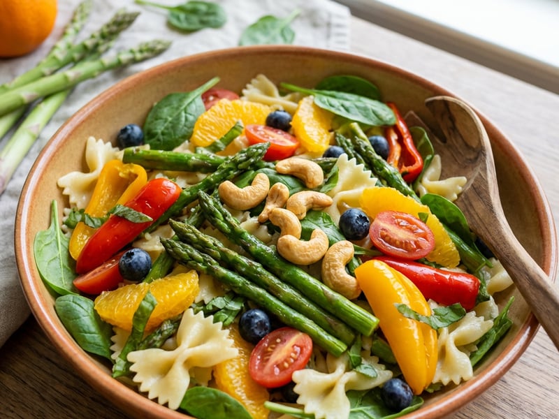 Fruity Salad with Pasta and Green Asparagus