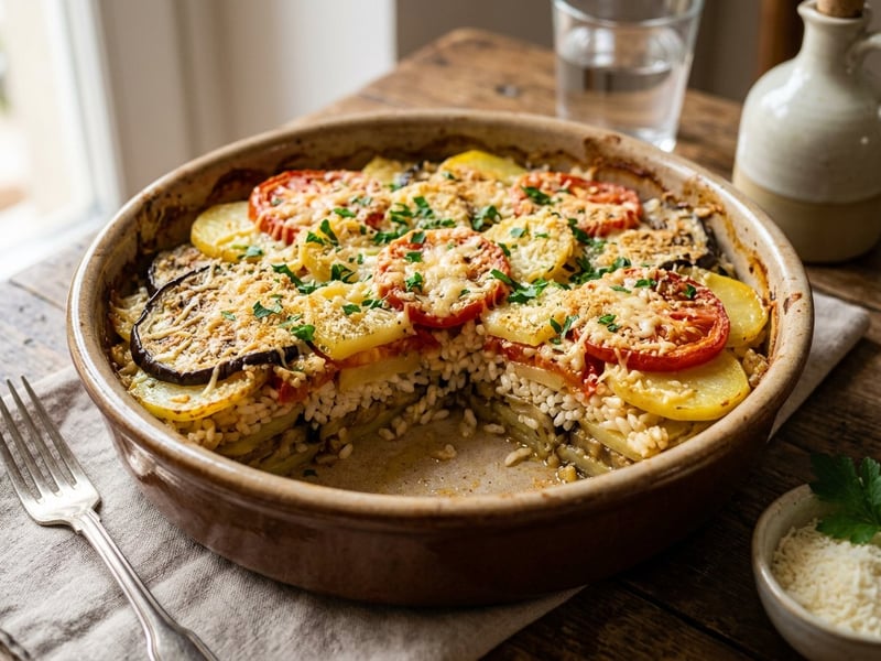 Apulian Tiella | Mediterranean Rice and Aubergine Casserole