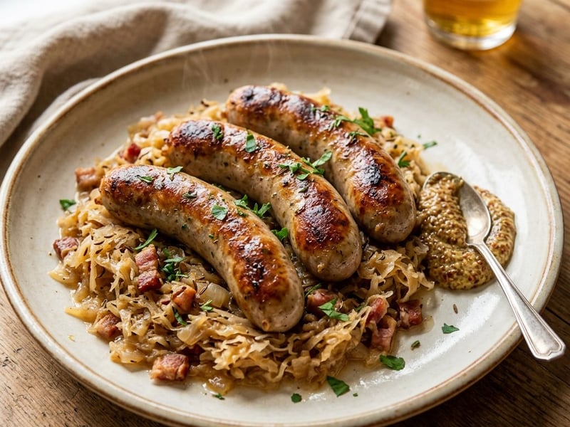 Rostbratwurst on Wine Sauerkraut | Hearty & Crispy