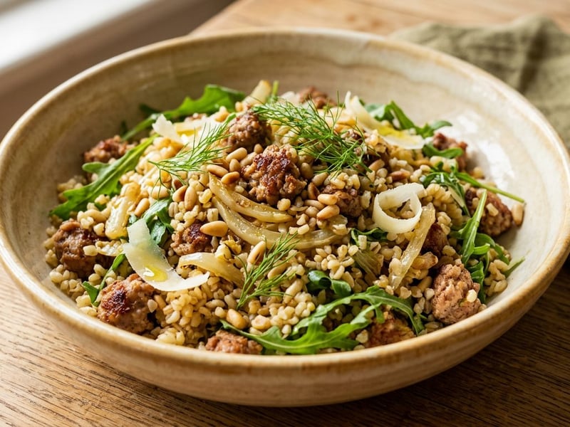 Lukewarm Italian Bulgur Salad with Fried Salsiccia and Fennel