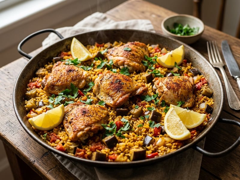 Spanischer Hähnchen-Auberginen-Reistopf | Feiner One-Pot