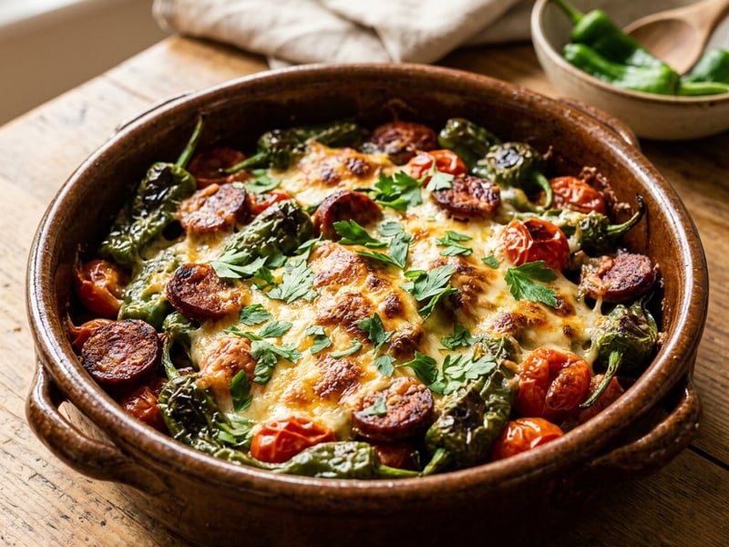 Spanish Oven-Baked Pimientos with Chorizo & Manchego | Tapas Bake
