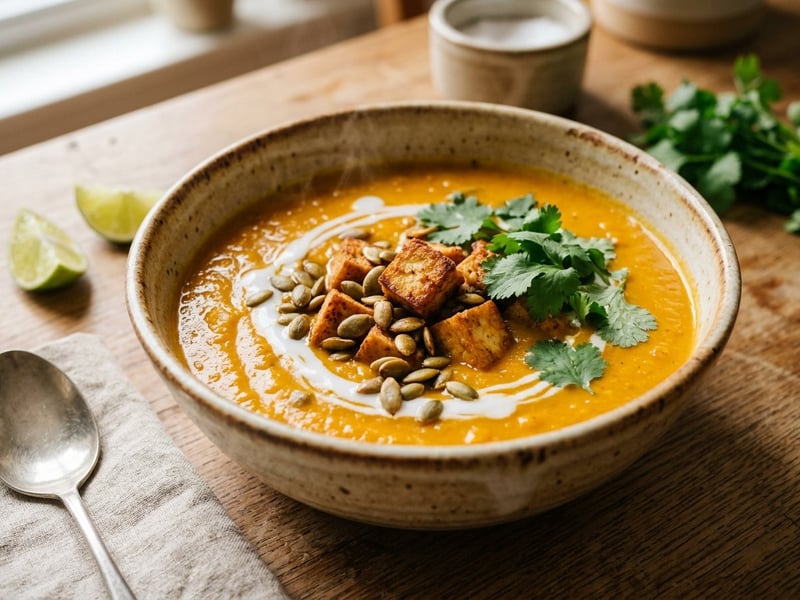 Asiatische Kürbis-Curry-Suppe mit Tofu | Cremig & Pikant