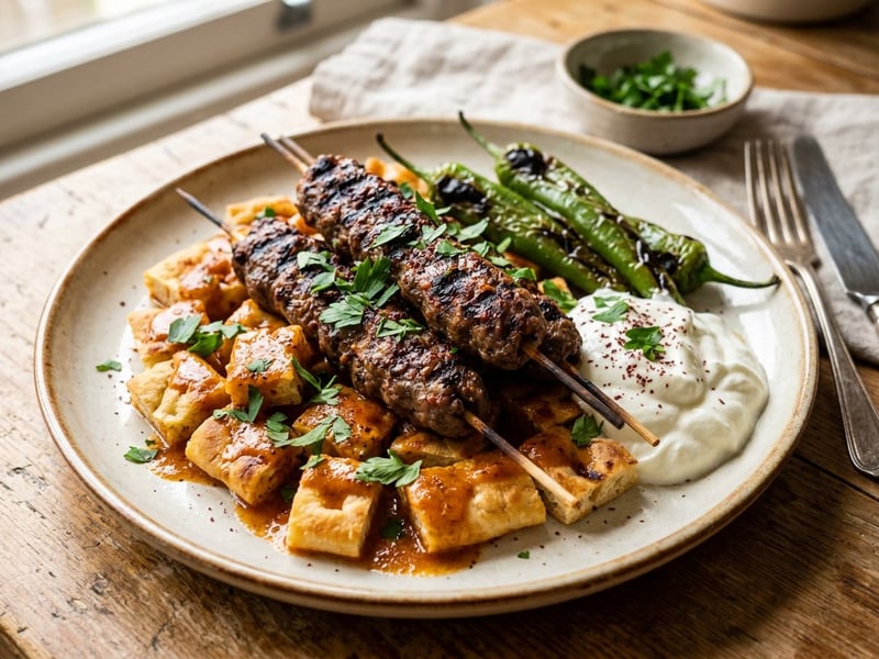Tire Şiş Köfte | Juicy Skewers on Tomato Flatbread