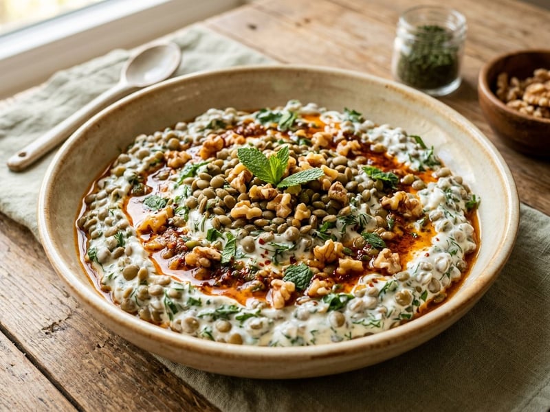 Yoğurtlu Yeşil Mercimek Salatası | Turkish Lentil Salad with Garlic Yogurt & Paprika Butter