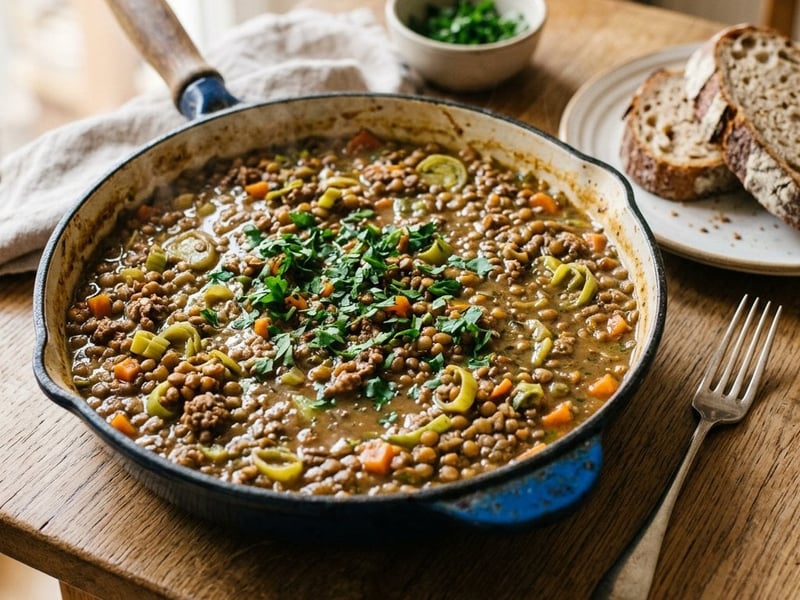 Hearty Lentil and Minced Meat Skillet | Heartily served in 25 minutes