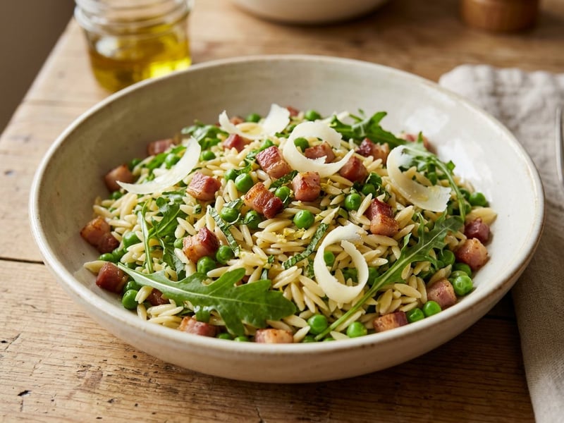 Italian Risoni Salad with Crispy Pancetta and Peas