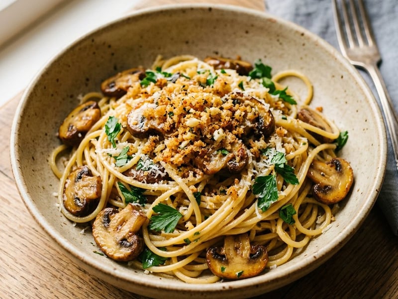 Spaghetti ai Funghi e Pangrattato | Pasta with Button Mushrooms & Crispy Breadcrumbs
