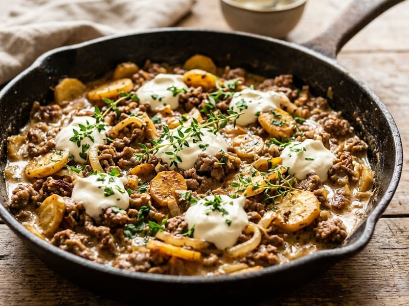 Parsnip and Minced Meat Skillet with Sour Cream | Quick Autumn Delight