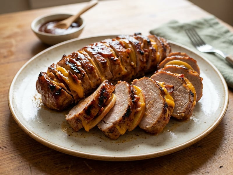 Grilled Hasselback Pork Tenderloin with Apple & Cheddar