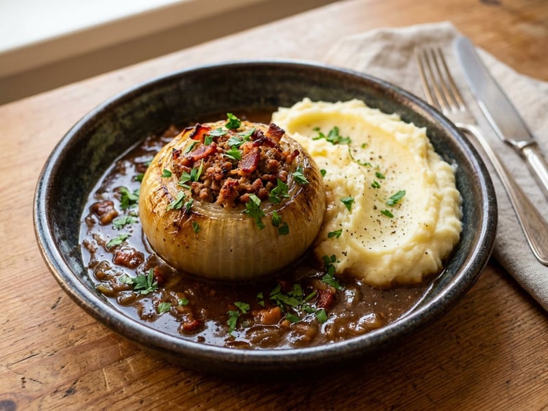 Bamberg Onions | Savory Stuffed in Dark Beer Sauce