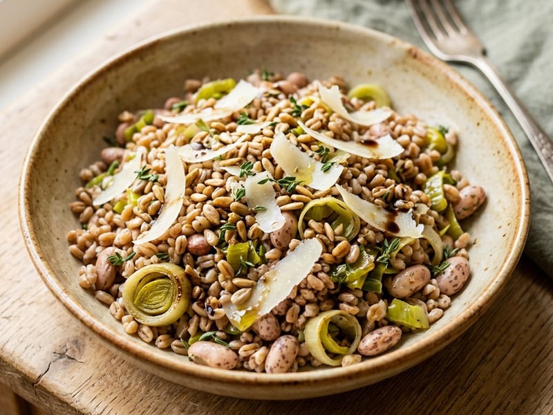 Toskanischer Farro-Salat mit geschmortem Lauch & Borlotti-Bohnen | Herbstlicher Genuss