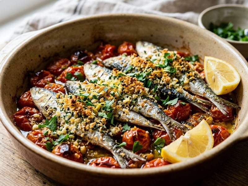 Sardinas al Horno | Spanish Baked Sardines with Tomatoes & Crispy Crust