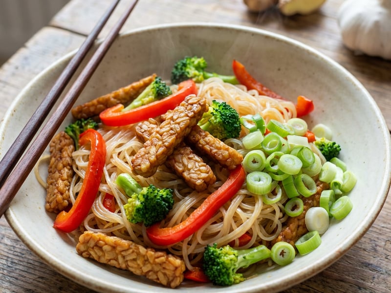 Fried Rice Noodles with Tempeh and Vegetables
