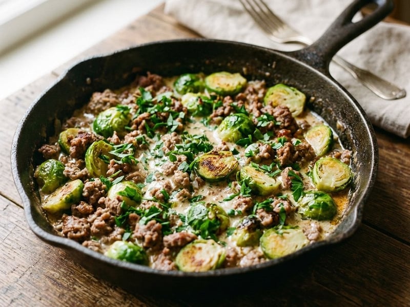 Hearty Brussels Sprouts and Minced Meat Skillet | Served in 25 Minutes
