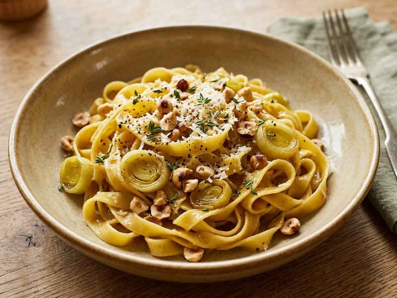 Tagliatelle mit gebratenem Lauch & Haselnüssen | Feine Herbst-Pasta