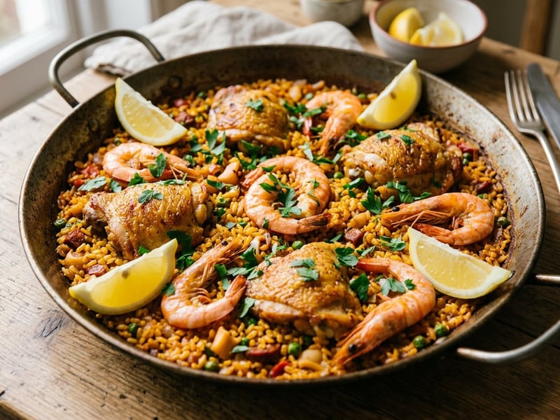 Arroz Mar y Montaña | Katalanische Hähnchen-Garnelen-Reispfanne