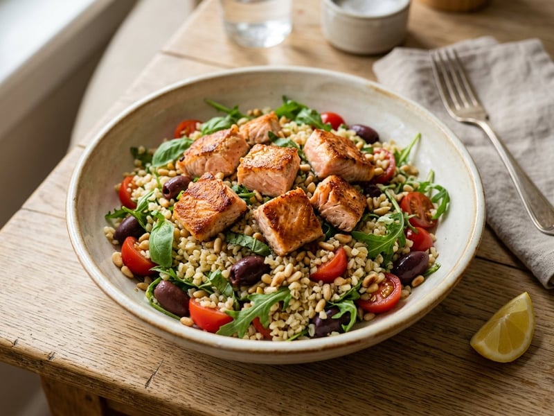 Italienischer Bulgursalat mit gebratenem Lachsfilet