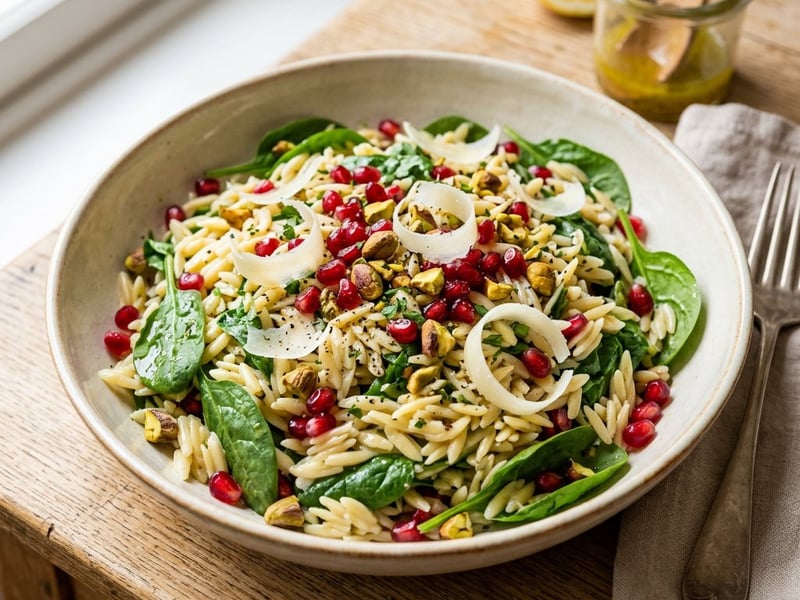 Toskanischer Orzo-Salat mit Babyspinat, Granatapfel & Pecorino | Herbstlicher Feinkostgenuss