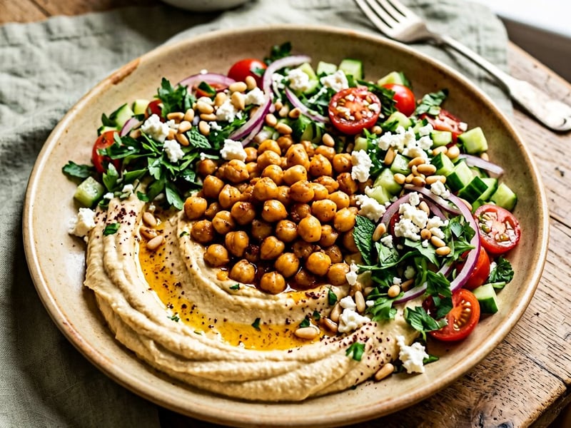 Turkish Hummus Salad Plate | Warm Nohut Topping & Feta