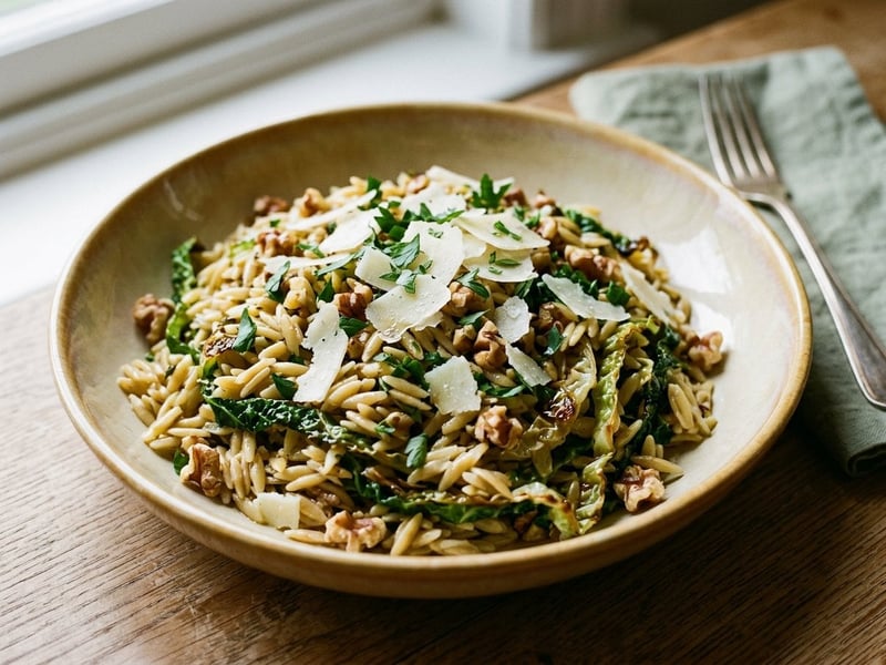 Lauwarmer Orzo-Salat mit Wirsing und Pecorino