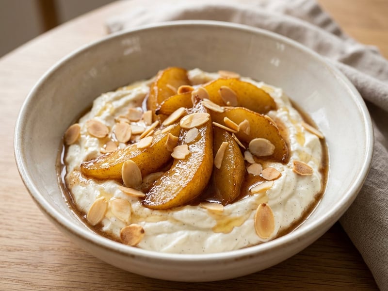 Karamellisierte Pfannenbirnen auf Bourbon-Vanillequark | Fein & Herbstlich