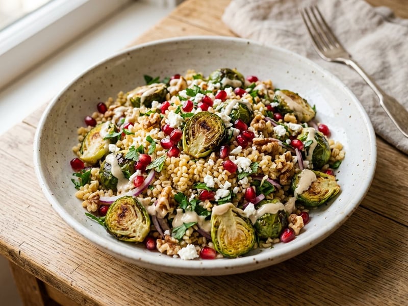 Türkischer warmer Rosenkohl-Bulgursalat mit Tahini & Walnüssen