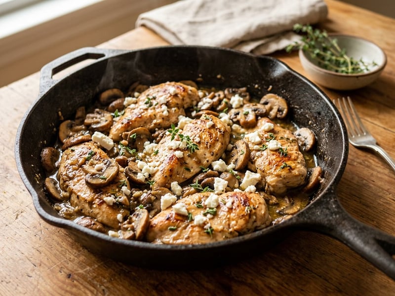 Griechische Hähnchen-Pilz-Pfanne mit Feta | In 20 Minuten
