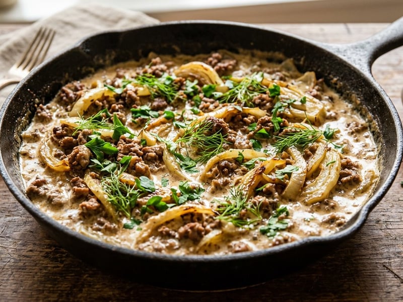 Hearty Fennel and Minced Meat Skillet with Sour Cream | Quick Comfort Food