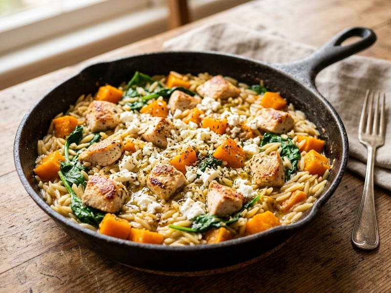 Griechische Hähnchen-Kürbis-Pfanne mit Kritharaki & Feta