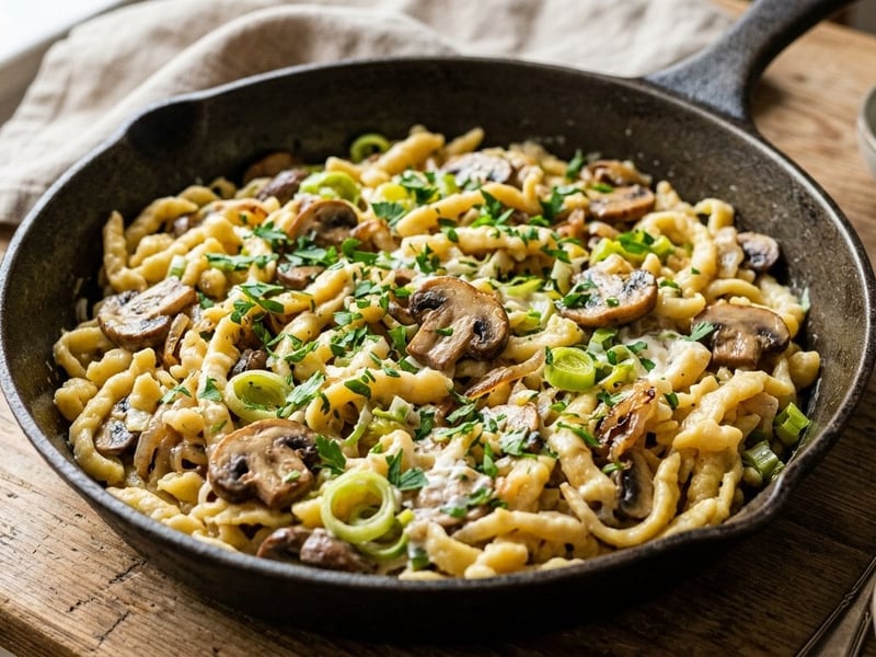 Schwäbische Spätzle-Pfanne mit Waldpilzen und Lauch