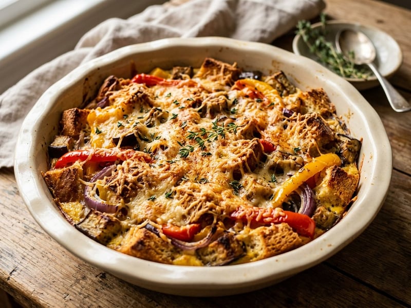 Spanish Escalivada Strata | Savoury Aubergine and Bell Pepper Bread Bake with Manchego
