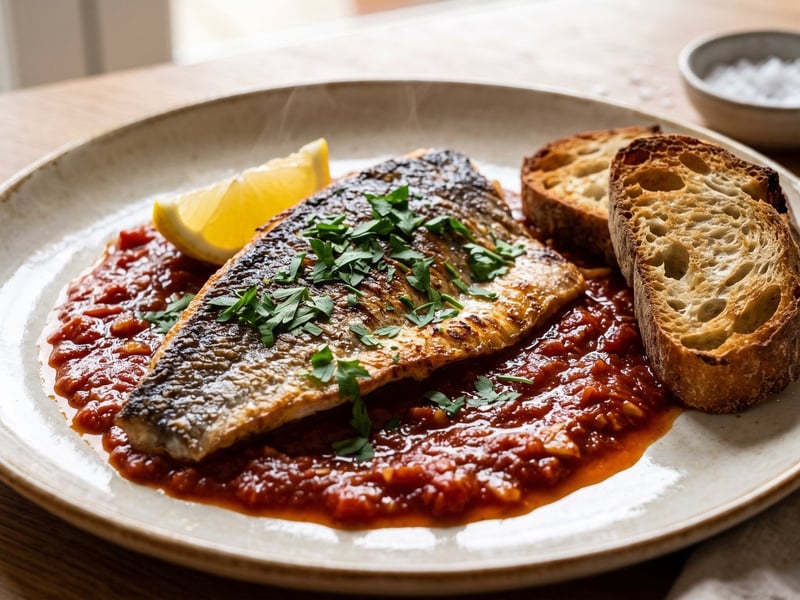 Gebratene Dorade auf Salmorreta | Fischfilet auf Alicante-Tomatensauce