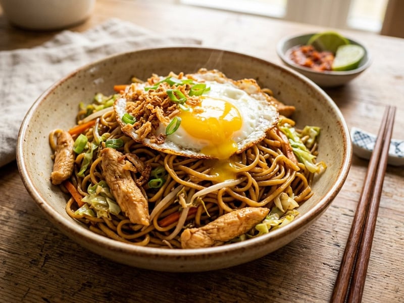 Indonesisches Bami Goreng mit Hähnchen
