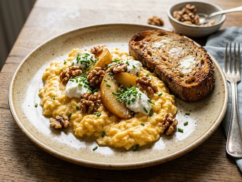 Kräuter-Rührei mit Ziegenfrischkäse und karamellisierter Birne