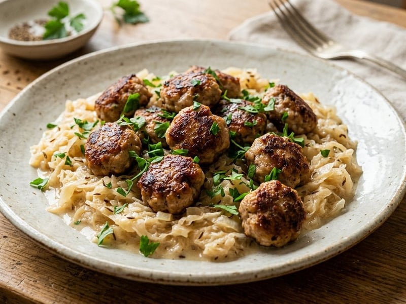 Mini-Frikadellen auf Rahmsauerkraut | In 25 Minuten deftig serviert