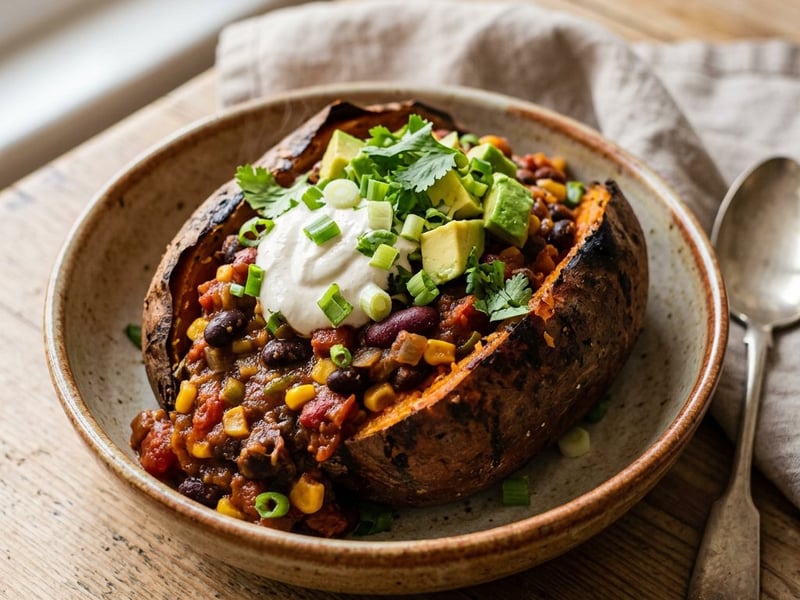 Baked Stuffed Sweet Potatoes with Lotao Chili sin Carne
