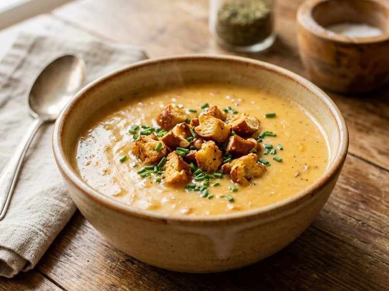 Bayerische Bierkäsesuppe mit Brezen-Croutons