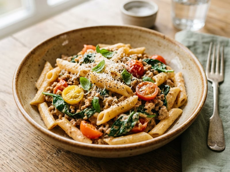 Cremige Lotao Hack-Pasta mit Babyspinat