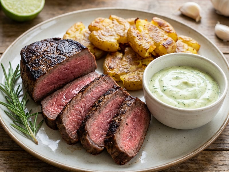 Eye Round Steak with Smashed Potatoes and Coriander Mayonnaise
